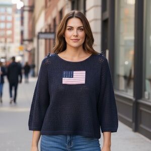 Vintage Norton McNaughton Large Blue Shirt Net Flag 3/4 Sleeves Top Patriotic